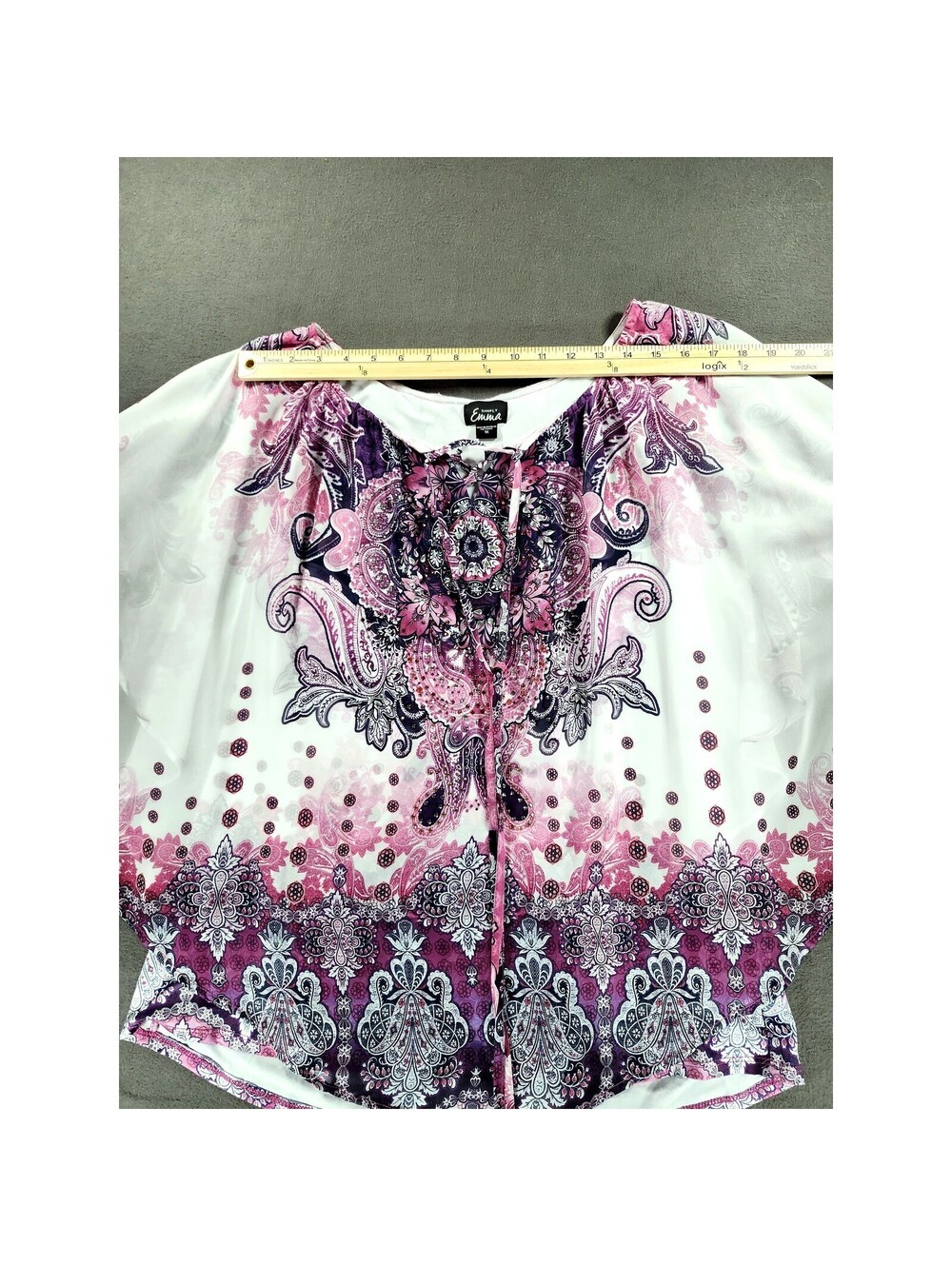 Simply Emma Womens 1X Pink Purple Paisley Flutter Sleeve Top 295 - Picture 3 of 8